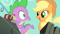 Size: 1280x720 | Tagged: safe, screencap, character:applejack, character:spike, episode:a dog and pony show, g4, my little pony: friendship is magic, fishing rod, kissy face, out of context