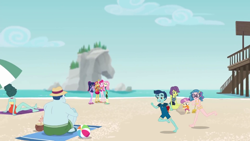 Size: 1920x1080 | Tagged: safe, screencap, character:pinkie pie, character:sunset shimmer, character:twilight sparkle, character:twilight sparkle (scitwi), character:victoria, species:eqg human, episode:unsolved selfie mysteries, g4, my little pony:equestria girls, background human, barefoot, beach, bikini, clothing, feet, female, henry handle, leafy mint, legs, male, male feet, manestrum, midriff, rock horse, smiling, swimsuit, technicolor waves, victoria, water lily (equestria girls)