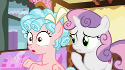 Size: 1280x720 | Tagged: safe, screencap, character:cozy glow, character:sweetie belle, species:pegasus, species:pony, species:unicorn, episode:marks for effort, g4, my little pony: friendship is magic, bow, candy, concerned, curly hair, cutie mark, female, filly, food, freckles, hair bow, lollipop, shocked, sugarcube corner, sugarcube corner (interior), sweets, the cmc's cutie marks, worried