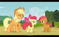 Size: 1024x640 | Tagged: safe, screencap, character:apple bloom, character:applejack, character:babs seed, ship:appleseed, episode:apple family reunion, g4, my little pony: friendship is magic, applecest, female, incest, lesbian, lidded eyes, shipping, youtube caption