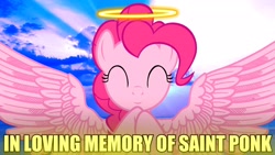 Size: 1920x1080 | Tagged: safe, artist:dwk, screencap, character:pinkie pie, angel, caption, cloud, feather, halo, heaven, obituary, saint ponk, sky, smiling, sunray, totally legit recap, wings