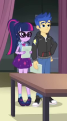 Size: 237x425 | Tagged: safe, screencap, character:flash sentry, character:twilight sparkle, character:twilight sparkle (scitwi), species:eqg human, episode:rarity investigates: the case of the bedazzled boot, g4, my little pony:equestria girls, clothing, converse, cropped, female, geode of telekinesis, glasses, hoodie, legs, magical geodes, pants, ponytail, shoes, skirt, sneakers, socks, table