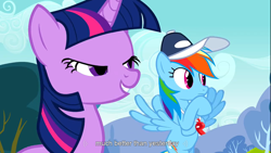 Size: 1366x768 | Tagged: safe, screencap, character:rainbow dash, character:twilight sparkle, species:pegasus, species:pony, species:unicorn, episode:hurricane fluttershy, g4, my little pony: friendship is magic, clothing, duo, duo female, female, hat, lidded eyes, mare, whistle, whistle necklace, youtube caption