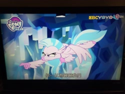 Size: 4160x3120 | Tagged: safe, screencap, character:silverstream, species:classical hippogriff, species:hippogriff, episode:what lies beneath, g4, my little pony: friendship is magic, angry, female, irl, photo, picture taken with a potato, pointing, solo, subtitles, yoyotv
