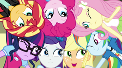 Size: 1280x718 | Tagged: safe, screencap, character:applejack, character:fluttershy, character:pinkie pie, character:rainbow dash, character:rarity, character:sunset shimmer, character:twilight sparkle, character:twilight sparkle (scitwi), species:eqg human, equestria girls:dance magic, g4, my little pony:equestria girls, cute, female, glasses, group, group shot, huddle, humane five, humane seven, humane six, one eye closed, open mouth, smiling, wink