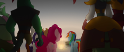 Size: 1920x804 | Tagged: safe, screencap, character:applejack, character:capper dapperpaws, character:captain celaeno, character:lix spittle, character:mullet, character:pinkie pie, character:rainbow dash, character:rarity, species:anthro, species:earth pony, species:pegasus, species:pony, my little pony: the movie (2017), anthro with ponies, basalt beach, female, light, male, mare, parrot pirates, pirate, rear view