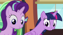 Size: 1280x720 | Tagged: safe, screencap, character:starlight glimmer, character:twilight sparkle, character:twilight sparkle (alicorn), species:alicorn, species:pony, species:unicorn, episode:the times they are a changeling, g4, my little pony: friendship is magic, chair, cute, long neck, train