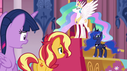 Size: 1920x1080 | Tagged: safe, screencap, character:princess celestia, character:princess luna, character:sunset shimmer, character:twilight sparkle, character:twilight sparkle (alicorn), species:alicorn, species:pony, species:unicorn, equestria girls:forgotten friendship, g4, my little pony:equestria girls, canterlot castle, glare, nervous, plot
