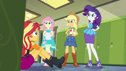 Size: 1280x720 | Tagged: safe, screencap, character:applejack, character:fluttershy, character:rarity, character:sunset shimmer, episode:driving miss shimmer, g4, my little pony:equestria girls, applejack's hat, boots, canterlot high, clothing, cowboy hat, door, hallway, hat, high heel boots, high heels, legs, lockers, shoes, sitting on floor
