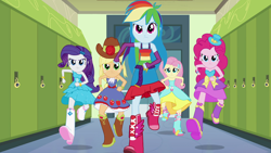Size: 1920x1080 | Tagged: safe, screencap, character:applejack, character:fluttershy, character:pinkie pie, character:rainbow dash, character:rarity, equestria girls:equestria girls, g4, my little pony:equestria girls, applejack's hat, bare shoulders, clothing, cowboy hat, determined, door, dress, fall formal outfits, hallway, hat, lockers, running, sleeveless, stetson, strapless