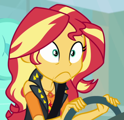 Size: 1118x1078 | Tagged: safe, screencap, character:sunset shimmer, episode:driving miss shimmer, g4, my little pony:equestria girls, car, cropped, driving miss shimmer: fluttershy, faec, female, geode of empathy, magical geodes, seatbelt, solo, steering wheel