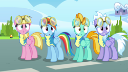 Size: 1280x720 | Tagged: safe, screencap, character:cloudchaser, character:lightning dust, character:meadow flower, character:rainbow dash, episode:wonderbolts academy, clothing, cloud, trainee, uniform, wonderbolts uniform