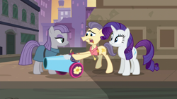 Size: 1280x720 | Tagged: safe, screencap, character:maud pie, character:rarity, character:street rat, species:pony, episode:the gift of the maud pie, g4, my little pony: friendship is magic, manehattan, party cannon