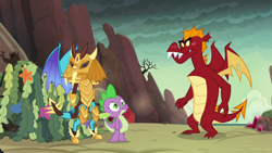 Size: 1280x720 | Tagged: safe, screencap, character:garble, character:princess ember, character:spike, species:dragon, episode:gauntlet of fire, g4, my little pony: friendship is magic, armor, dragon armor, female, male, wings