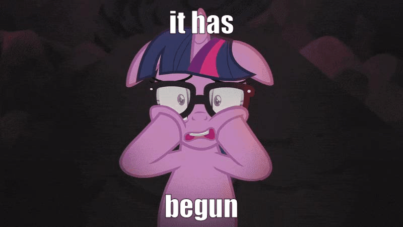 Size: 800x450 | Tagged: safe, screencap, character:twilight sparkle, character:twilight sparkle (scitwi), species:pony, species:unicorn, equestria girls:spring breakdown, g4, my little pony:equestria girls, animated, caption, equestria girls ponified, gif, glasses, image macro, it begins, ponified, solo, text, unicorn sci-twi