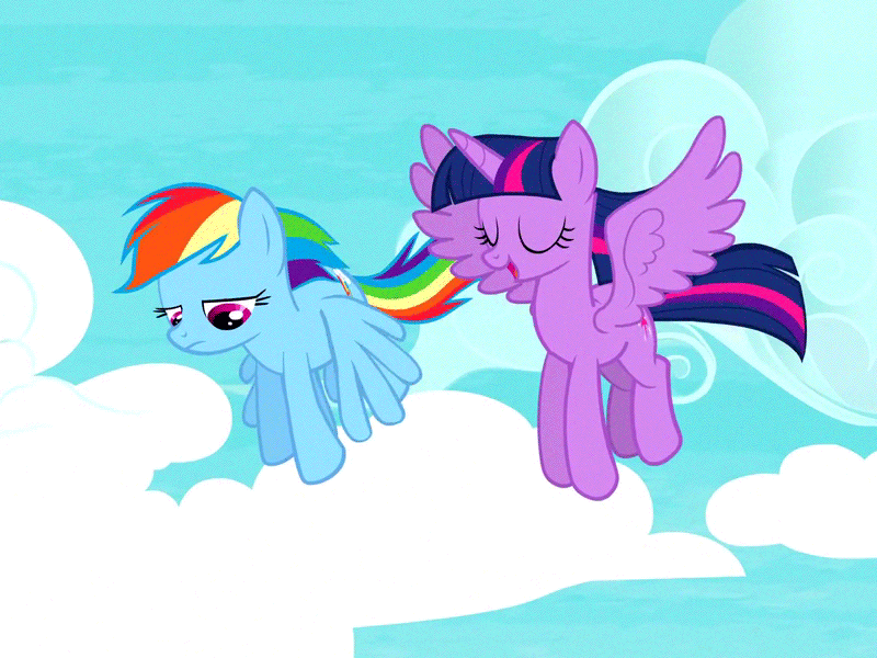 Size: 800x600 | Tagged: safe, screencap, character:rainbow dash, character:twilight sparkle, character:twilight sparkle (alicorn), species:alicorn, species:pegasus, species:pony, episode:testing testing 1-2-3, g4, my little pony: friendship is magic, animated, cloud, cloud busting, cloudy, cute, female, flying, gif, mare, sad, smiling, twiabetes