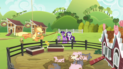 Size: 1280x720 | Tagged: safe, screencap, character:applejack, character:rarity, character:spike, character:twilight sparkle, character:twilight sparkle (alicorn), species:alicorn, species:pony, episode:applejack's day off, applejack's hat, barn, clothing, cowboy hat, fence, hat, pig, rope, stetson