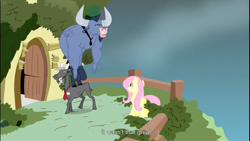 Size: 1366x768 | Tagged: safe, screencap, character:fluttershy, character:iron will, species:goat, species:minotaur, species:pegasus, species:pony, episode:putting your hoof down, g4, my little pony: friendship is magic, female, fluttershy's cottage, male, mare, youtube caption