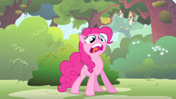 Size: 1280x720 | Tagged: safe, screencap, character:pinkie pie, species:earth pony, species:pony, episode:filli vanilli, g4, my little pony: friendship is magic, bird house, bush, faec, female, gasp, mare, shocked, solo