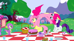 Size: 1280x720 | Tagged: safe, screencap, character:fluttershy, character:pinkie pie, character:rarity, character:spike, character:twilight sparkle, episode:a canterlot wedding, g4, my little pony: friendship is magic, basket, cake, cup, drinking straw, flipping, food, picnic, picnic basket, picnic blanket, plate, sandwich, scroll, teacup, teapot, tree