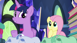 Size: 1280x720 | Tagged: safe, screencap, character:fluttershy, character:twilight sparkle, character:twilight sparkle (alicorn), species:alicorn, species:pony, episode:the hooffields and mccolts, g4, my little pony: friendship is magic, bag, book, duo, hoof on chin, saddle bag