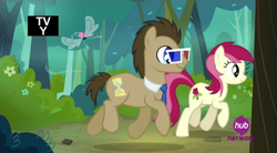 Size: 598x330 | Tagged: safe, screencap, character:doctor whooves, character:roseluck, character:seabreeze, character:time turner, species:breezies, episode:it ain't easy being breezies, g4, my little pony: friendship is magic, 3d glasses, female, hub logo, hubble, male, the hub, tv rating, tv-y, walking