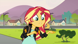 Size: 1280x720 | Tagged: safe, screencap, character:sunset shimmer, equestria girls:friendship games, g4, my little pony:equestria girls, bush, driveway, house, solo, tree