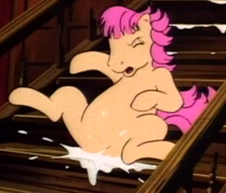 Size: 420x360 | Tagged: safe, screencap, character:patch (g1), species:pony, episode:the tea party, g1, my little pony tales, context is for the weak, cream, eyes closed, female, misleading thumbnail, out of context, solo, stairs