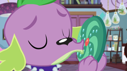 Size: 1920x1080 | Tagged: safe, screencap, character:spike, character:spike (dog), species:dog, episode:reboxing with spike!, g4, my little pony:equestria girls, fabulous fido's faberge flying disk, frisbee, kissing, paws, spike's dog collar