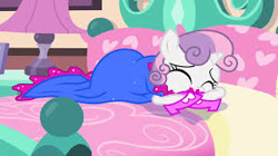 Size: 300x168 | Tagged: safe, screencap, character:sweetie belle, species:pony, species:unicorn, episode:for whom the sweetie belle toils, 5-year-old sweetie belle, bed, clothing, dress, female, high heels, lamp, picture for breezies, pillow, sad, shoes, younger