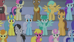 Size: 1266x720 | Tagged: safe, screencap, character:beaude mane, character:bon bon, character:caramel, character:carrot top, character:cherry berry, character:golden harvest, character:lemon hearts, character:linky, character:lucky clover, character:minuette, character:neigh sayer, character:shoeshine, character:spring melody, character:sprinkle medley, character:sunshower raindrops, character:sweetie drops, character:twinkleshine, species:earth pony, species:pegasus, species:pony, species:unicorn, episode:equestria games, g4, my little pony: friendship is magic, background pony, background pony audience, clothing, facehoof, female, light stream, male, mare, necktie, scarf, spread wings, stallion, varying degrees of do not want, wings