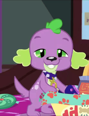 Size: 347x450 | Tagged: safe, screencap, character:spike, character:spike (dog), species:dog, episode:reboxing with spike!, g4, my little pony:equestria girls, animated, clothing, collar, cute, fabulous fido's faberge flying disk, gif, male, paws, slippers, smiling, spikabetes, tail, tail wag