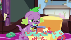 Size: 1920x1080 | Tagged: safe, screencap, character:spike, character:spike (dog), species:dog, episode:reboxing with spike!, g4, my little pony:equestria girls, box, collar, drool, drool string, fabulous fido's faberge flying disk, looking down, male, paws, spike's dog collar, tail