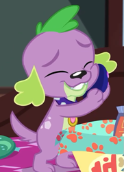 Size: 471x650 | Tagged: safe, screencap, character:spike, character:spike (dog), species:dog, episode:reboxing with spike!, g4, my little pony:equestria girls, clothing, cropped, cute, eyes closed, male, paws, slippers, spikabetes, spike's dog collar, tail