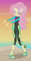 Size: 1065x2100 | Tagged: safe, screencap, character:fluttershy, my little pony:equestria girls, adorasexy, aww... baby turtles, beach, beautiful, beautisexy, clothing, curvy, cute, eyes closed, eyeshadow, feet, flip-flops, geode of fauna, magical geodes, makeup, sandals, sexy, shyabetes, smiling, solo, swimsuit, wetsuit