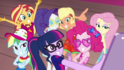 Size: 1920x1080 | Tagged: safe, screencap, character:applejack, character:fluttershy, character:pinkie pie, character:rainbow dash, character:rarity, character:sunset shimmer, character:twilight sparkle, character:twilight sparkle (scitwi), species:eqg human, episode:i'm on a yacht, g4, my little pony:equestria girls, alternate hairstyle, blushing, cellphone, clothing, geode of fauna, geode of sugar bombs, geode of super speed, geode of super strength, group, hat, humane five, humane seven, humane six, magical geodes, peace sign, phone, pose, selfie, shipping fuel, sleeveless, smartphone, sunburn, sunglasses, tanned