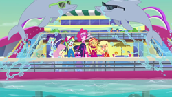 Size: 1920x1080 | Tagged: safe, screencap, character:applejack, character:desert sage, character:flash sentry, character:fluttershy, character:pinkie pie, character:rainbow dash, character:rarity, character:sunset shimmer, character:twilight sparkle, character:twilight sparkle (scitwi), species:eqg human, episode:i'm on a yacht, g4, my little pony:equestria girls, animal, background human, clothing, cruise, cruise ship, desert sage, dolphin, doodle bug, garden grove, geode of empathy, geode of shielding, geode of super strength, geode of telekinesis, happy, humane five, humane seven, humane six, ink jet, magical geodes, mile hill, one eye closed, orange sunrise, partial nudity, reflection, sleeveless, sunburn, sunglasses, swimming pool, topless, valhallen, wink, yacht