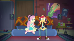 Size: 1920x1080 | Tagged: safe, screencap, character:fluttershy, character:sunset shimmer, episode:game stream, g4, my little pony:equestria girls, clothing, controller, converse, dress, feet, gamershy, headphones, headset, let's play, sandals, shoes, sneakers, sunset gamer, sunset's apartment