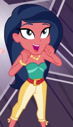 Size: 427x742 | Tagged: safe, screencap, character:desert sage, equestria girls:spring breakdown, g4, my little pony:equestria girls, all good (song), background human, bare shoulders, bracelet, bustier, cropped, desert sage, feet, female, jewelry, necklace, offscreen character, open mouth, sleeveless, strapless, technicolor waves, tube top