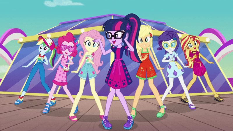 Size: 800x450 | Tagged: safe, screencap, character:applejack, character:fluttershy, character:pinkie pie, character:rainbow dash, character:rarity, character:sunset shimmer, character:twilight sparkle, character:twilight sparkle (scitwi), species:eqg human, episode:i'm on a yacht, g4, my little pony:equestria girls, alternate hairstyle, animated, ass, baseball cap, blinking, blouse, bunset shimmer, butt, butt shake, cap, clothing, crossed legs, cruise ship, cute, dancing, dashabetes, diapinkes, dress, eyes closed, eyeshadow, feet, female, freckles, gif, glasses, hat, heart glasses, heart shaped glasses, humane five, humane seven, humane six, jackabetes, legs, looking at you, makeup, one of these things is not like the others, open mouth, pants, ponytail, rainbutt dash, raribetes, sandals, sexy, shimmerbetes, shimmy, shorts, shyabetes, skirt, sunglasses, sunset shimmy, tank top, twiabetes