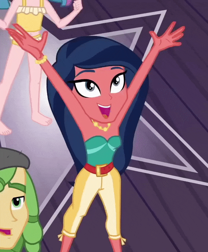 Size: 700x848 | Tagged: safe, screencap, character:desert sage, character:sandalwood, equestria girls:spring breakdown, g4, my little pony:equestria girls, animated, background human, bare shoulders, barefoot, bracelet, bustier, cheering, club can't handle me, cropped, dancing, desert sage, excited, feet, female, gif, jewelry, male, necklace, open mouth, sleeveless, smiling, strapless, technicolor waves, tube top