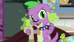 Size: 1280x720 | Tagged: safe, screencap, character:spike, character:spike (dog), species:dog, episode:reboxing with spike!, g4, my little pony:equestria girls, male, sci-twi's room, spike's dog collar