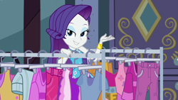 Size: 1920x1080 | Tagged: safe, screencap, character:rarity, episode:street chic, g4, my little pony:equestria girls, adorasexy, bracelet, clothes rack, clothing, cute, eyeshadow, geode of shielding, huggable, jewelry, lidded eyes, looking at you, magical geodes, makeup, sexy, smiling, smiling at you