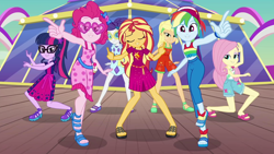 Size: 1920x1080 | Tagged: safe, screencap, character:applejack, character:fluttershy, character:pinkie pie, character:rainbow dash, character:rarity, character:sunset shimmer, character:twilight sparkle, character:twilight sparkle (scitwi), species:eqg human, episode:i'm on a yacht, g4, my little pony:equestria girls, clothing, feet, humane five, humane seven, humane six, pose, sandals, shorts, sunglasses, toes