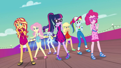 Size: 1920x1080 | Tagged: safe, screencap, character:applejack, character:fluttershy, character:pinkie pie, character:rainbow dash, character:rarity, character:sunset shimmer, character:twilight sparkle, character:twilight sparkle (scitwi), species:eqg human, episode:i'm on a yacht, g4, my little pony:equestria girls, clothing, dress, feet, female, geode of empathy, geode of fauna, geode of shielding, geode of super speed, humane five, humane seven, humane six, legs, magical geodes, midriff, sandals, sleeveless