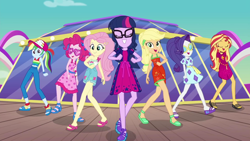 Size: 1920x1080 | Tagged: safe, screencap, character:applejack, character:fluttershy, character:pinkie pie, character:rainbow dash, character:rarity, character:sunset shimmer, character:twilight sparkle, character:twilight sparkle (scitwi), species:eqg human, episode:i'm on a yacht, g4, my little pony:equestria girls, dancing, feet, humane five, humane seven, humane six, legs, looking at you, sandals