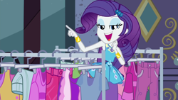 Size: 1920x1080 | Tagged: safe, screencap, character:rarity, episode:street chic, g4, my little pony:equestria girls, adorasexy, clothes rack, cute, female, geode of shielding, huggable, looking at you, magical geodes, open mouth, sexy, smiling, solo