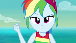 Size: 1920x1080 | Tagged: safe, screencap, character:rainbow dash, episode:i'm on a yacht, g4, my little pony:equestria girls, finger snap, sleeveless, smiling, smirk, smug, solo