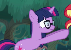 Size: 1227x871 | Tagged: safe, screencap, character:sunset shimmer, character:twilight sparkle, character:twilight sparkle (scitwi), species:pony, species:unicorn, equestria girls:spring breakdown, g4, my little pony:equestria girls, cropped, cutie mark, equestria girls ponified, female, glasses, mare, offscreen character, unicorn sci-twi