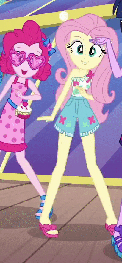 Size: 410x880 | Tagged: safe, screencap, character:fluttershy, character:pinkie pie, character:twilight sparkle, character:twilight sparkle (scitwi), species:eqg human, episode:i'm on a yacht, g4, my little pony:equestria girls, alternate hairstyle, animated, blinking, blouse, clothing, cropped, cute, dancing, dress, eyeshadow, feet, female, geode of fauna, gif, glasses, heart shaped glasses, legs, looking at you, magical geodes, makeup, open-toed shoes, sandals, shoes, shorts, shyabetes, smiling, solo focus